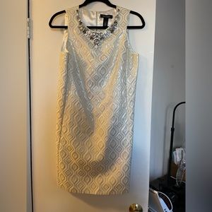 WHBM Cream Dress with Jeweled Collar and Silver Thread Patten - Size 4